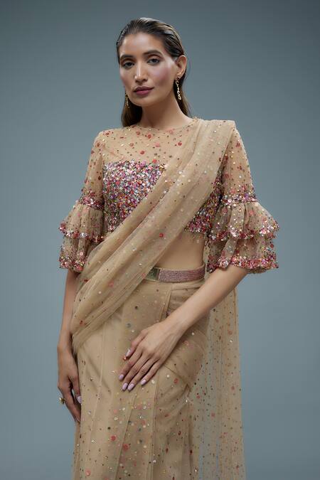 Rocky Star_Beige Net Sequins, Tassels, Crystals Embroidered Pre-draped Saree And Blouse Set _Online_at_Aza_Fashions