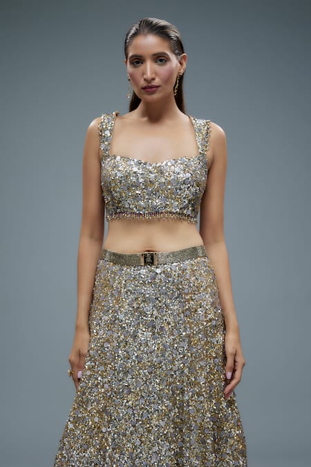 Rocky Star_Multi Color Net Tassels, Sequins, Crystals Embroidered A-line Lehenga Set _Online_at_Aza_Fashions