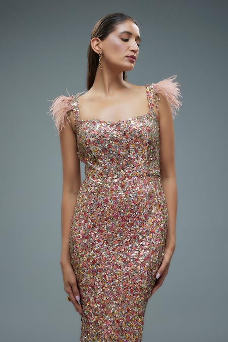 Rocky Star Multi Color Net Crystals, Sequins, Tassels Sweetheart Neck Embroidered Gown Online at Aza Fashions Rocky Star_Multi Color Net Crystals, Sequins, Tassels Sweetheart Neck Embroidered Gown _Online_at_Aza_Fashions