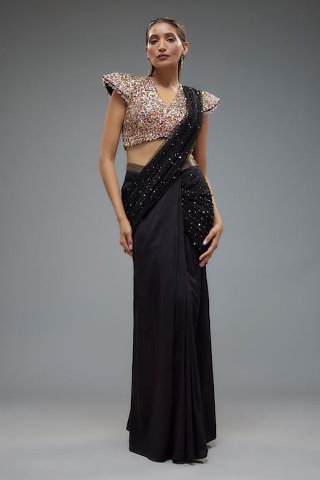 Rocky Star Crystal Embroidered Pre-Draped Saree With Blouse 