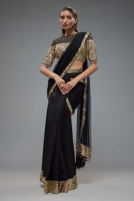 Rocky Star Sequins Embroidered Pre-Draped Saree With Blouse 