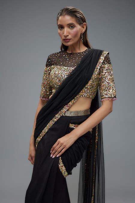 Rocky Star Black Net Sequins, Tassels, Crystals Round Neck Embroidered Pre-draped Saree Online at Aza Fashions Rocky Star_Black Net Sequins, Tassels, Crystals Round Neck Embroidered Pre-draped Saree _Online_at_Aza_Fashions