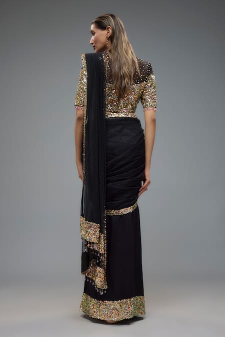 Shop Rocky Star Black Net Sequins, Tassels, Crystals Round Neck Embroidered Pre-draped Saree at Aza Fashions Shop_Rocky Star_Black Net Sequins, Tassels, Crystals Round Neck Embroidered Pre-draped Saree _at_Aza_Fashions