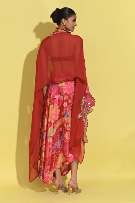 Rishi and Vibhuti Ruby Red Embellished Cape & Skirt Set 