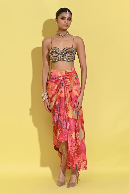 Buy_Rishi and Vibhuti_Red Organza, Crepe Sequins, Patchwork Ruby Embellished Cape And Skirt Set _Online_at_Aza_Fashions