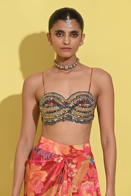 Shop_Rishi and Vibhuti_Red Organza, Crepe Sequins, Patchwork Ruby Embellished Cape And Skirt Set _Online_at_Aza_Fashions