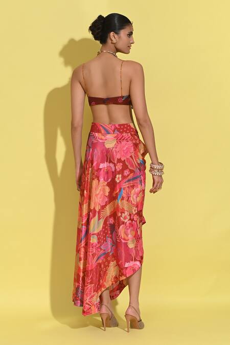 Rishi and Vibhuti_Red Organza, Crepe Sequins, Patchwork Ruby Embellished Cape And Skirt Set _at_Aza_Fashions