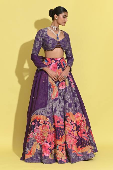 Rishi and Vibhuti_Purple Organza, Georgette Sequins, Tassels, Fringe, Bloom Print And Lehenga Set _Online_at_Aza_Fashions