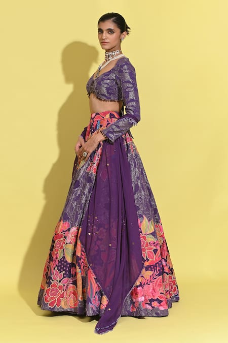 Buy_Rishi and Vibhuti_Purple Organza, Georgette Sequins, Tassels, Fringe, Bloom Print And Lehenga Set _Online_at_Aza_Fashions