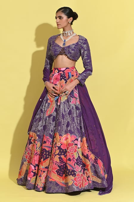 Shop_Rishi and Vibhuti_Purple Organza, Georgette Sequins, Tassels, Fringe, Bloom Print And Lehenga Set _Online_at_Aza_Fashions