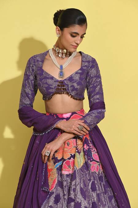Rishi and Vibhuti_Purple Organza, Georgette Sequins, Tassels, Fringe, Bloom Print And Lehenga Set _at_Aza_Fashions