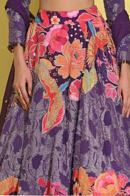 Buy_Rishi and Vibhuti_Purple Organza, Georgette Sequins, Tassels, Fringe, Bloom Print And Lehenga Set 