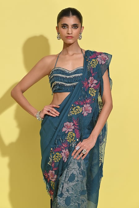 Rishi and Vibhuti_Blue Organza, Jacquard Embroidery Halter Floral Patchwork Pre-draped Saree Set_Online_at_Aza_Fashions