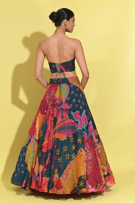 Rishi And Vibhuti Bloom Print Lehenga Set With Corset Blouse 