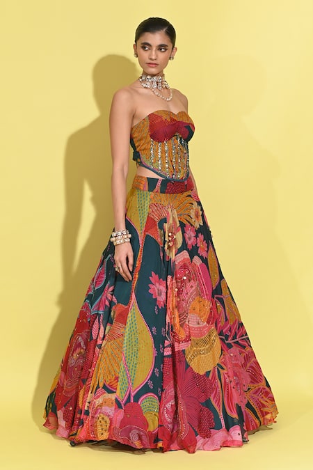 Rishi and Vibhuti Blue Crepe Embroidery, Sequins Bloom Print Lehenga Set With Corset Blouse Online at Aza Fashions Rishi and Vibhuti_Blue Crepe Embroidery, Sequins Bloom Print Lehenga Set With Corset Blouse _Online_at_Aza_Fashions