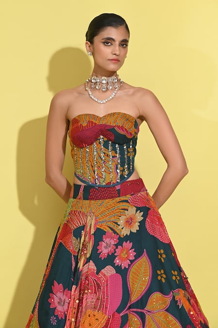 Buy Rishi and Vibhuti Blue Crepe Embroidery, Sequins Bloom Print Lehenga Set With Corset Blouse Online at Aza Fashions Buy_Rishi and Vibhuti_Blue Crepe Embroidery, Sequins Bloom Print Lehenga Set With Corset Blouse _Online_at_Aza_Fashions