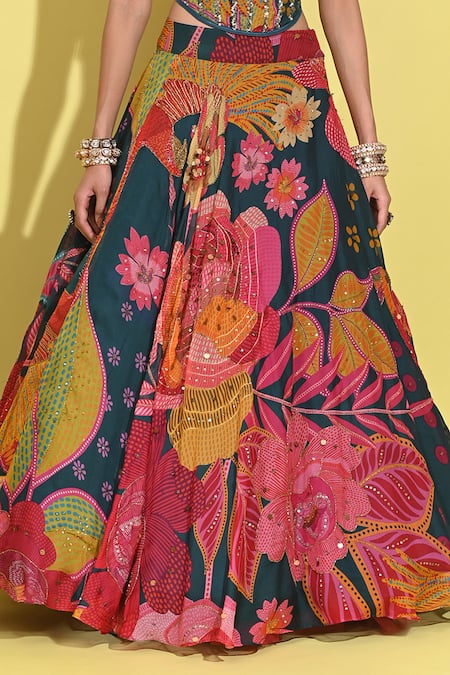 Shop Rishi and Vibhuti Blue Crepe Embroidery, Sequins Bloom Print Lehenga Set With Corset Blouse Online at Aza Fashions Shop_Rishi and Vibhuti_Blue Crepe Embroidery, Sequins Bloom Print Lehenga Set With Corset Blouse _Online_at_Aza_Fashions