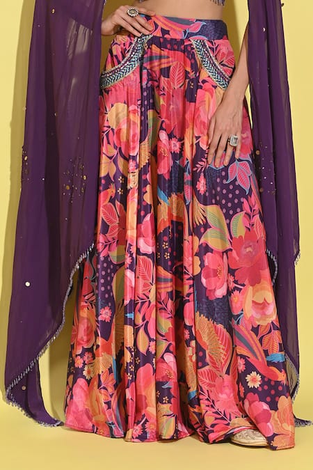 Rishi and Vibhuti Purple Organza, Crepe Crystals, Sequins Sweetheart Neck Floral Print Lehenga Set Online at Aza Fashions Rishi and Vibhuti_Purple Organza, Crepe Crystals, Sequins Sweetheart Neck Floral Print Lehenga Set _Online_at_Aza_Fashions