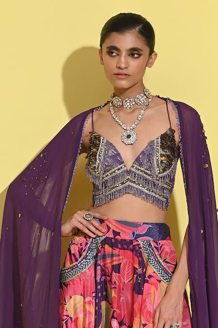 Buy Rishi and Vibhuti Purple Organza, Crepe Crystals, Sequins Sweetheart Neck Floral Print Lehenga Set Online at Aza Fashions Buy_Rishi and Vibhuti_Purple Organza, Crepe Crystals, Sequins Sweetheart Neck Floral Print Lehenga Set _Online_at_Aza_Fashions