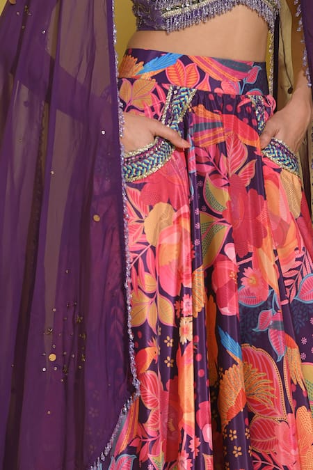 Shop Rishi and Vibhuti Purple Organza, Crepe Crystals, Sequins Sweetheart Neck Floral Print Lehenga Set Online at Aza Fashions Shop_Rishi and Vibhuti_Purple Organza, Crepe Crystals, Sequins Sweetheart Neck Floral Print Lehenga Set _Online_at_Aza_Fashions
