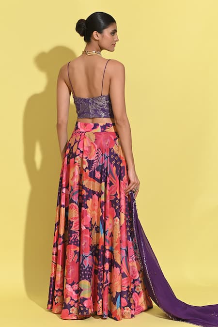 Rishi and Vibhuti Purple Organza, Crepe Crystals, Sequins Sweetheart Neck Floral Print Lehenga Set at Aza Fashions Rishi and Vibhuti_Purple Organza, Crepe Crystals, Sequins Sweetheart Neck Floral Print Lehenga Set _at_Aza_Fashions