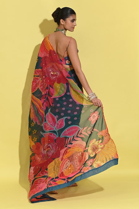 Rishi and Vibhuti Floral Print Organza Saree Set 