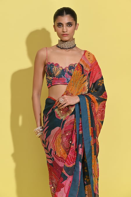 Buy_Rishi and Vibhuti_Blue Organza Sequins Sweetheart Neck Floral Print Saree Set _Online_at_Aza_Fashions