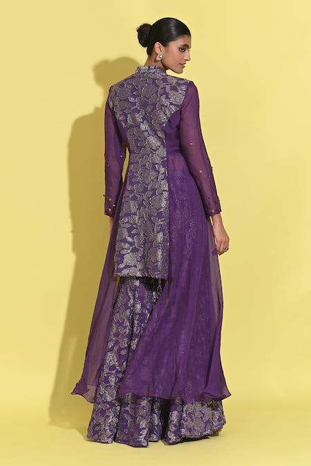 Shop Rishi and Vibhuti Purple Georgette, Jacquard Embroidery Bandeau Bloom Woven Kurta Set With Gharara at Aza Fashions Shop_Rishi and Vibhuti_Purple Georgette, Jacquard Embroidery Bandeau Bloom Woven Kurta Set With Gharara _at_Aza_Fashions