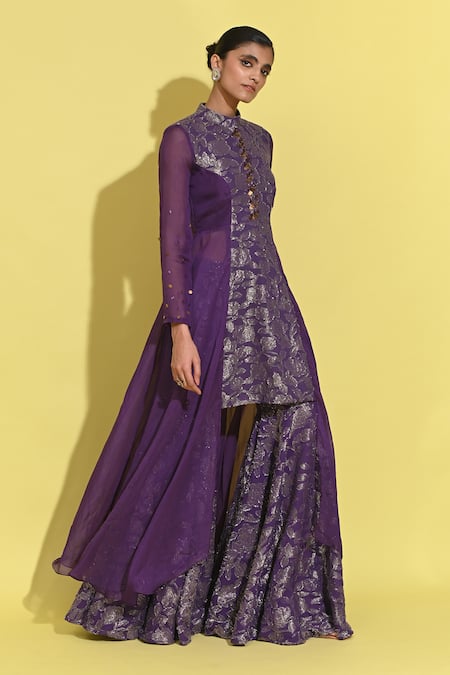 Rishi and Vibhuti Purple Georgette, Jacquard Embroidery Bandeau Bloom Woven Kurta Set With Gharara Online at Aza Fashions Rishi and Vibhuti_Purple Georgette, Jacquard Embroidery Bandeau Bloom Woven Kurta Set With Gharara _Online_at_Aza_Fashions