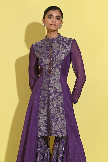 Buy Rishi and Vibhuti Purple Georgette, Jacquard Embroidery Bandeau Bloom Woven Kurta Set With Gharara Online at Aza Fashions Buy_Rishi and Vibhuti_Purple Georgette, Jacquard Embroidery Bandeau Bloom Woven Kurta Set With Gharara _Online_at_Aza_Fashions