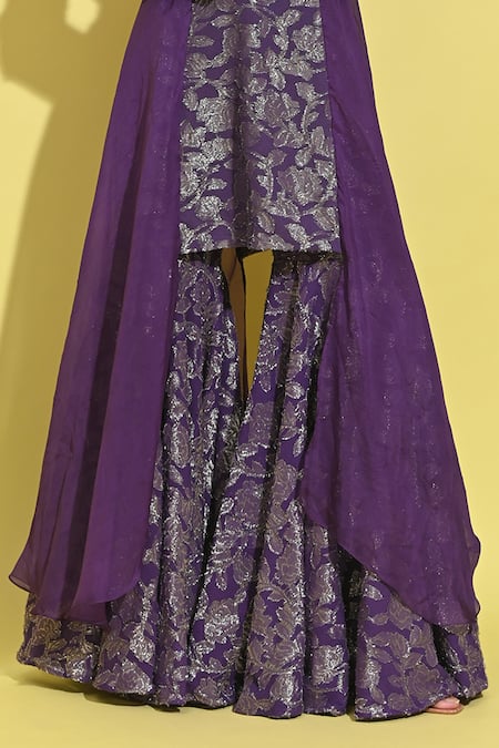 Shop Rishi and Vibhuti Purple Georgette, Jacquard Embroidery Bandeau Bloom Woven Kurta Set With Gharara Online at Aza Fashions Shop_Rishi and Vibhuti_Purple Georgette, Jacquard Embroidery Bandeau Bloom Woven Kurta Set With Gharara _Online_at_Aza_Fashions