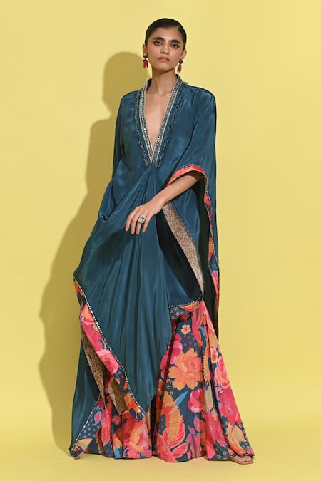 Rishi and Vibhuti Embellished Neckline Kaftan With Printed Flared Pant 