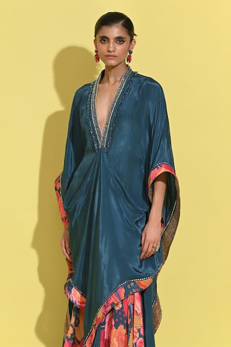 Rishi and Vibhuti_Blue Crepe Embroidery V-neck Embellished Kaftan And Floral Print Pant _Online_at_Aza_Fashions