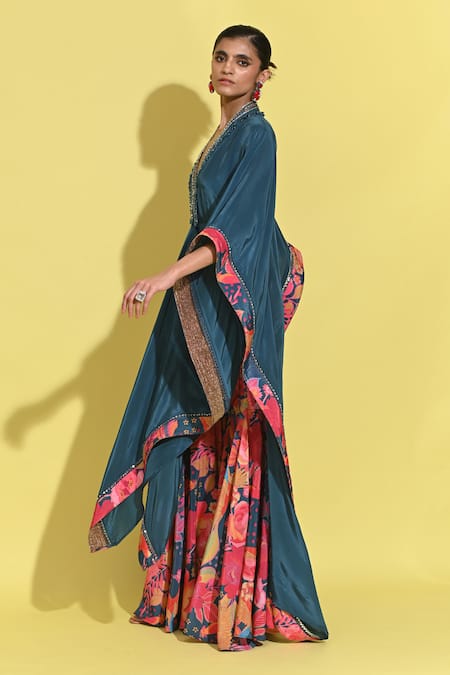 Buy_Rishi and Vibhuti_Blue Crepe Embroidery V-neck Embellished Kaftan And Floral Print Pant _Online_at_Aza_Fashions