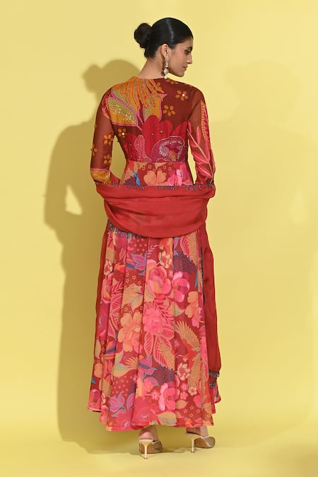 Shop Rishi and Vibhuti Red Crepe Embroidery Sweetheart Neck Ruby Floret Print Anarkali Set at Aza Fashions Shop_Rishi and Vibhuti_Red Crepe Embroidery Sweetheart Neck Ruby Floret Print Anarkali Set _at_Aza_Fashions