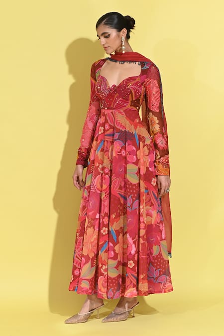 Rishi and Vibhuti Red Crepe Embroidery Sweetheart Neck Ruby Floret Print Anarkali Set Online at Aza Fashions Rishi and Vibhuti_Red Crepe Embroidery Sweetheart Neck Ruby Floret Print Anarkali Set _Online_at_Aza_Fashions