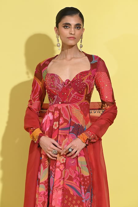 Buy Rishi and Vibhuti Red Crepe Embroidery Sweetheart Neck Ruby Floret Print Anarkali Set Online at Aza Fashions Buy_Rishi and Vibhuti_Red Crepe Embroidery Sweetheart Neck Ruby Floret Print Anarkali Set _Online_at_Aza_Fashions