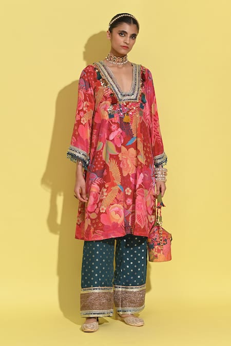 Rishi and Vibhuti_Red Crepe, Georgette Sequins, Embroidery Open Bahar Print Kurta Set With Pant _Online_at_Aza_Fashions