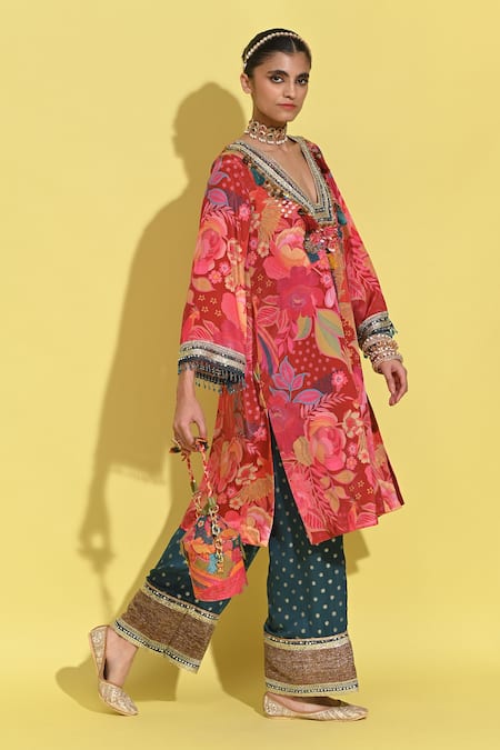 Buy_Rishi and Vibhuti_Red Crepe, Georgette Sequins, Embroidery Open Bahar Print Kurta Set With Pant _Online_at_Aza_Fashions