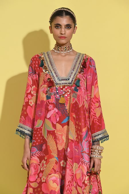 Rishi and Vibhuti_Red Crepe, Georgette Sequins, Embroidery Open Bahar Print Kurta Set With Pant _at_Aza_Fashions