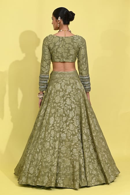 Rishi and Vibhuti Olive Green Ambrosia Woven Lehenga Set 