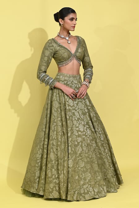Rishi and Vibhuti Green Chanderi, Georgette Embroidery V-neck Olive Ambrosia Woven Lehenga Set Online at Aza Fashions Rishi and Vibhuti_Green Chanderi, Georgette Embroidery V-neck Olive Ambrosia Woven Lehenga Set _Online_at_Aza_Fashions