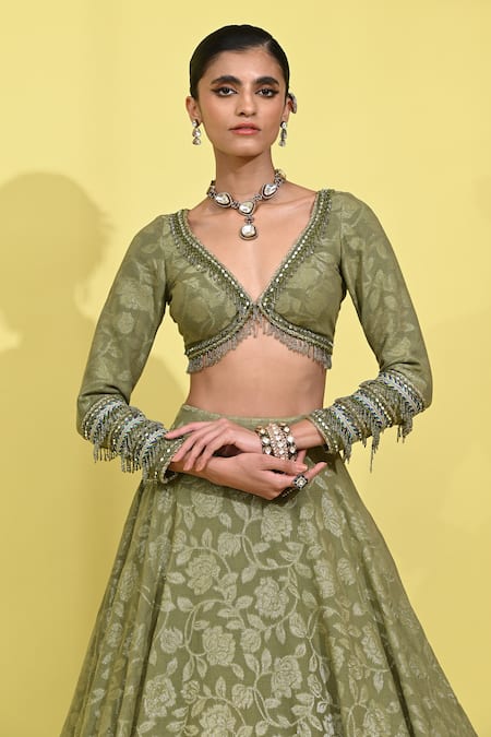 Buy Rishi and Vibhuti Green Chanderi, Georgette Embroidery V-neck Olive Ambrosia Woven Lehenga Set Online at Aza Fashions Buy_Rishi and Vibhuti_Green Chanderi, Georgette Embroidery V-neck Olive Ambrosia Woven Lehenga Set _Online_at_Aza_Fashions