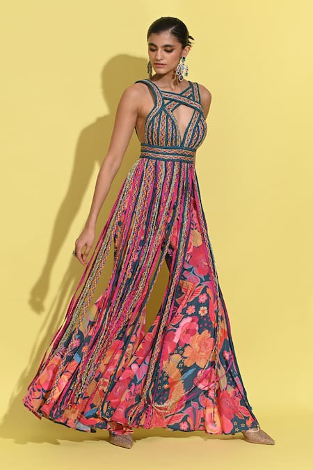 Rishi and Vibhuti Blue Crepe Fringe, Embroidery Halter Neck Braided Kurta Dress And Flared Pant Set Online at Aza Fashions Rishi and Vibhuti_Blue Crepe Fringe, Embroidery Halter Neck Braided Kurta Dress And Flared Pant Set _Online_at_Aza_Fashions