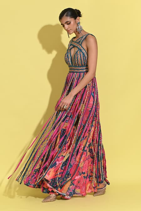 Buy Rishi and Vibhuti Blue Crepe Fringe, Embroidery Halter Neck Braided Kurta Dress And Flared Pant Set Online at Aza Fashions Buy_Rishi and Vibhuti_Blue Crepe Fringe, Embroidery Halter Neck Braided Kurta Dress And Flared Pant Set _Online_at_Aza_Fashions