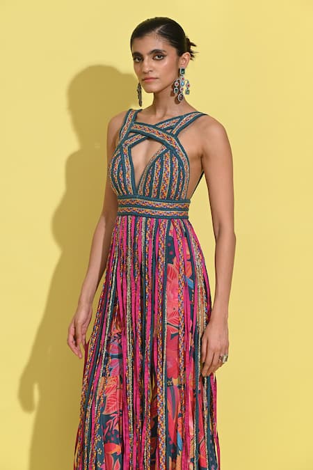 Shop Rishi and Vibhuti Blue Crepe Fringe, Embroidery Halter Neck Braided Kurta Dress And Flared Pant Set Online at Aza Fashions Shop_Rishi and Vibhuti_Blue Crepe Fringe, Embroidery Halter Neck Braided Kurta Dress And Flared Pant Set _Online_at_Aza_Fashions