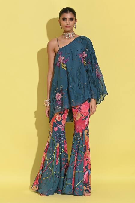 Rishi and Vibhuti_Blue Organza, Crepe Patchwork Bloom Cape And Floral Print Sharara_Online_at_Aza_Fashions