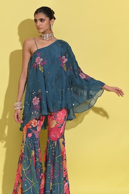 Buy_Rishi and Vibhuti_Blue Organza, Crepe Patchwork Bloom Cape And Floral Print Sharara_Online_at_Aza_Fashions