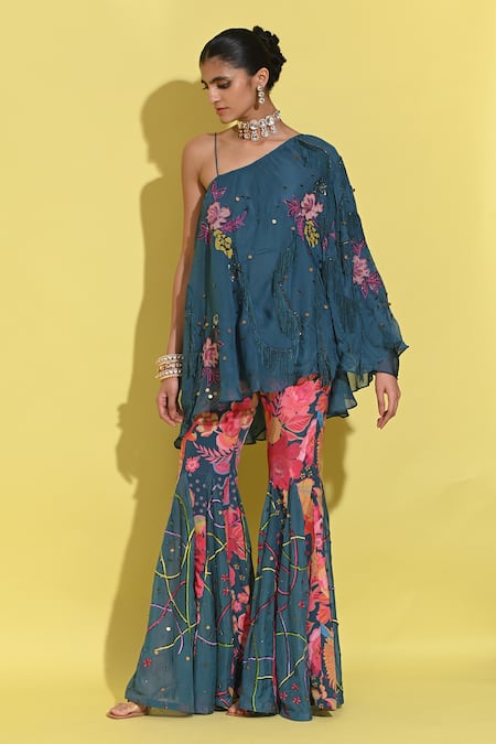 Shop_Rishi and Vibhuti_Blue Organza, Crepe Patchwork Bloom Cape And Floral Print Sharara_Online_at_Aza_Fashions