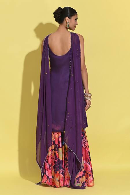 Shop_Rishi and Vibhuti_Blue Organza, Crepe Crystals, Embroidery, Blossom Patchwork Kurta Sharara Set_at_Aza_Fashions